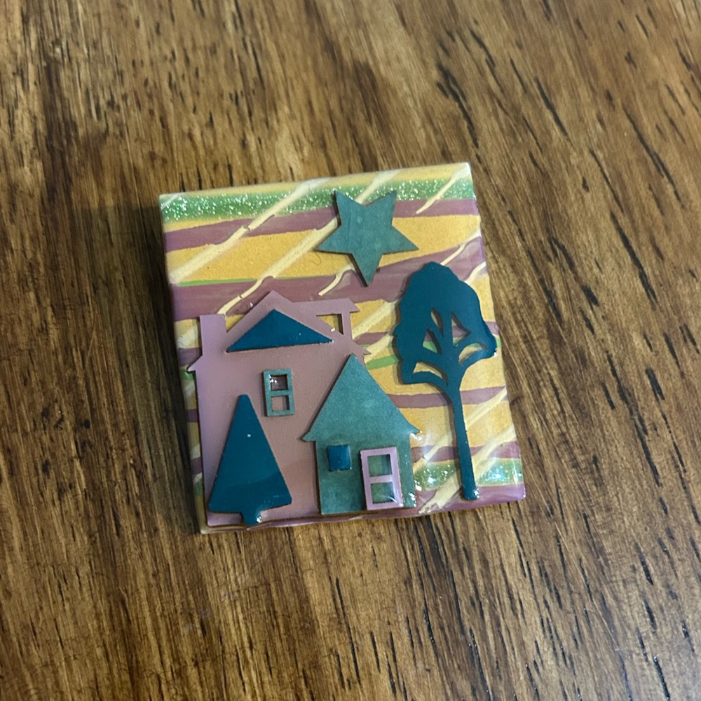 House Pins by Lucinda Colorful House and Tree Brooch